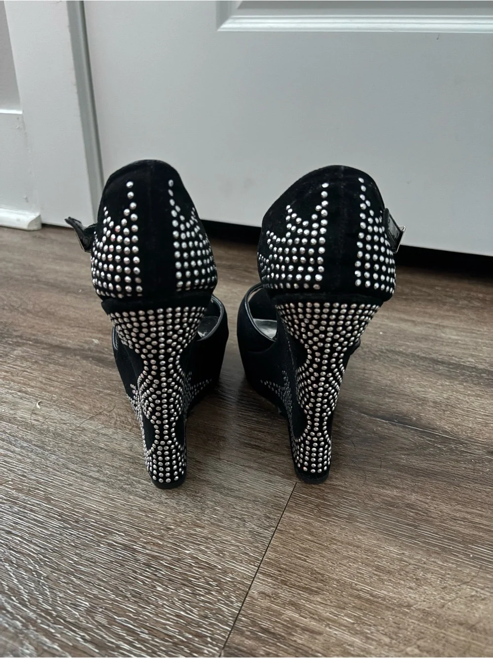 Liliana Black Suede Peep-Toe Ankle Strap Heels